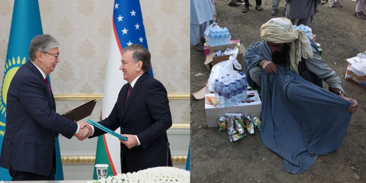 Uzbekistan's President Shavkat Mirziyoyev (R) and his visiting Kazakhstan's counterpart Kassym-Jomart Tokayev
