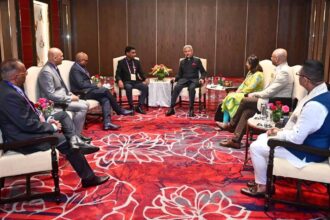 Prime Minister Narendra Modi meets Suriname President Chan Sankothi during the 17th Pravasi Bharatiya Divas Convention 2023, in Indore on Monday, Jan. 09, 2023