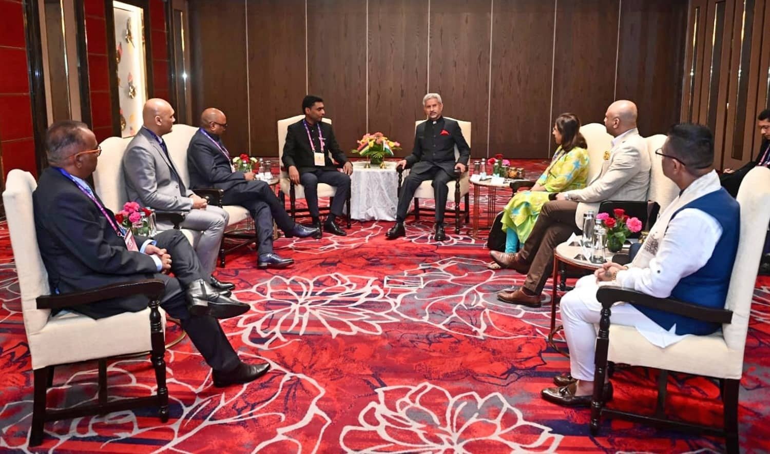 Prime Minister Narendra Modi meets Suriname President Chan Sankothi during the 17th Pravasi Bharatiya Divas Convention 2023, in Indore on Monday, Jan. 09, 2023