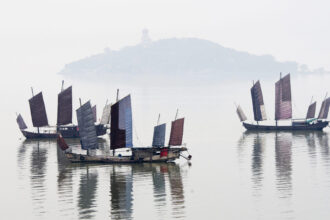 Boats rest on the Taihu Lake