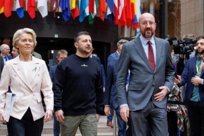 Ukraine's Volodymyr Zelensky with the EU's Ursula von der Leyen and Charles Michel