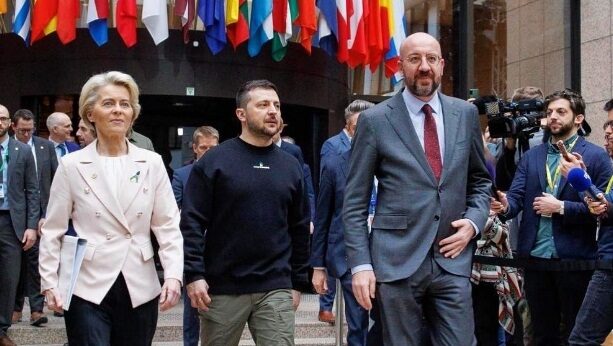 Ukraine's Volodymyr Zelensky with the EU's Ursula von der Leyen and Charles Michel