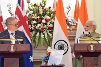 Prime Minister Narendra Modi and Australian Prime Minister Anthony Albanese during a joint press briefing at Hyderabad House in New Delhi