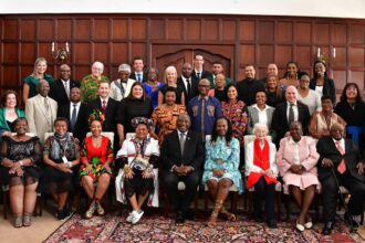 South African President Cyril Ramaphosa with the 2023 recipients of National Orders at the Sefako Makgatho Presidential Guest House in Tshwane