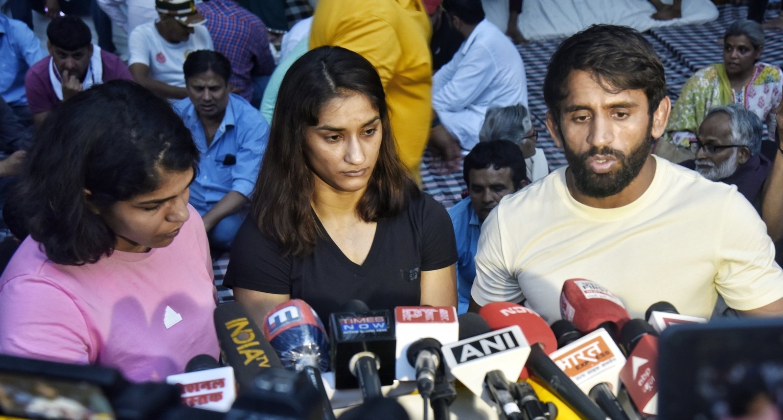 Wrestlers Bajrang Punia, Vinesh Phogat and Sakshi Malik address the media