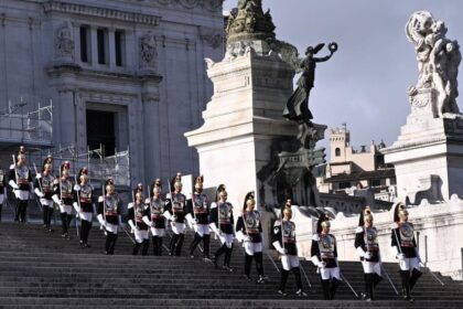 A guard of honor takes part in a ceremony marking Italy's Liberation Day in Rome, Italy, on April 25, 2023