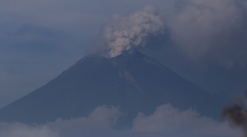 An ash column rises from the crater of the Popocatepetl volcano
