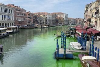 Canal water in Venice turns fluorescent green