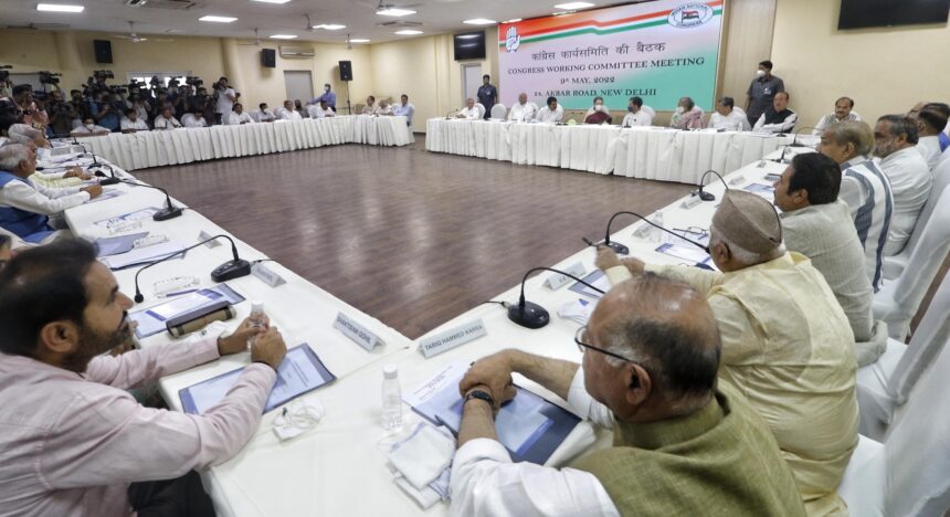 Congress President Sonia Gandhi with party leaders Rahul Gandhi with other party leaders