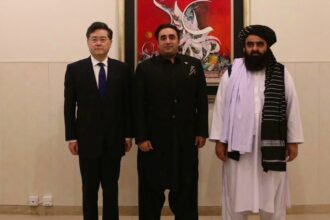 Foreign Minister of Pakistan Bilawal Bhutto-Zardari, State Councilor and Foreign Minister Qin Gang of China, and Acting Foreign Minister Mawlawi Amir Khan Muttaqi of Afghanistan