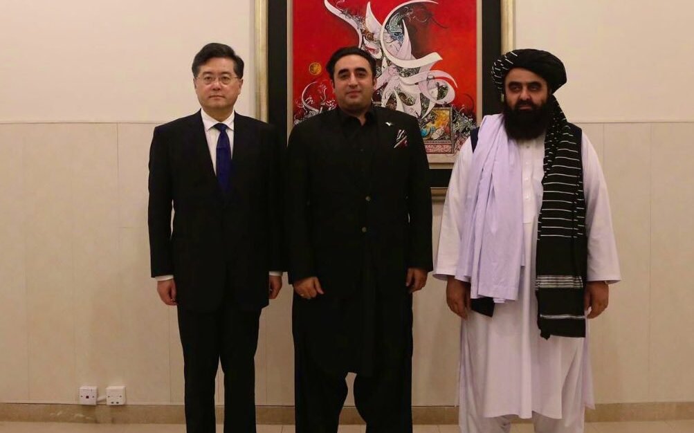Foreign Minister of Pakistan Bilawal Bhutto-Zardari, State Councilor and Foreign Minister Qin Gang of China, and Acting Foreign Minister Mawlawi Amir Khan Muttaqi of Afghanistan