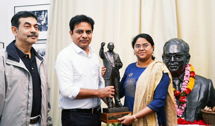 KTR presents replica of Ambedkar statue