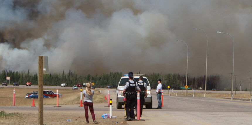 Policemen gather near the wildfire