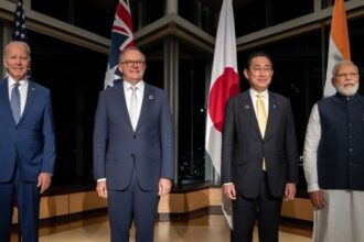 Quad nation leaders - Indian Prime Minister Narendra Modi and his Australian and Japanese counterparts Anthony Albanese and Fumio Kishida and US President Joe Biden