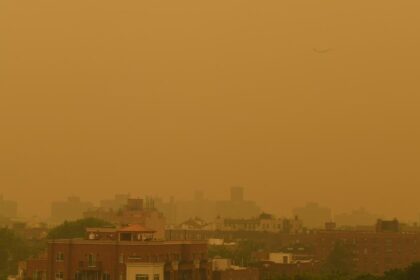 An airplane flies over New York