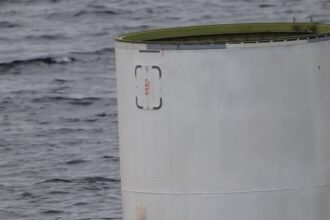 An apparent part of a purported North Korean space launch vehicle is seen