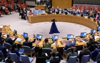 Representatives vote on a draft resolution during a UN Security Council meeting at the UN headquarters in New York