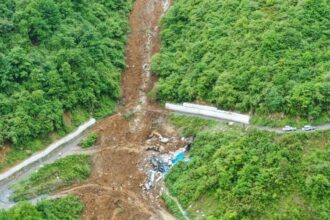 The site of a mountain collapse at Yongsheng Township of Leshan City
