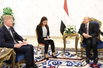 United Nations Special Envoy for Yemen Hans Grundberg (L) meets with Rashad Al-Alimi, president of Yemen's Presidential Leadership Council (R) in Aden