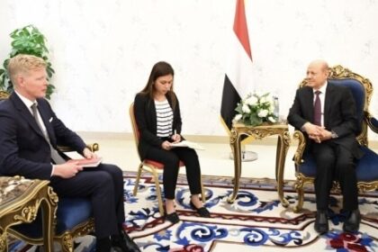 United Nations Special Envoy for Yemen Hans Grundberg (L) meets with Rashad Al-Alimi, president of Yemen's Presidential Leadership Council (R) in Aden