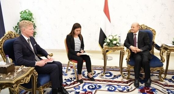 United Nations Special Envoy for Yemen Hans Grundberg (L) meets with Rashad Al-Alimi, president of Yemen's Presidential Leadership Council (R) in Aden