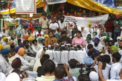 Wrestlers Bajrang Punia, Vinesh Phogat and Sakshi Malik address a press conference