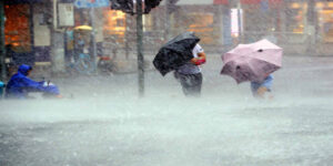 heavy rain on Xinsong Road in Shanghai