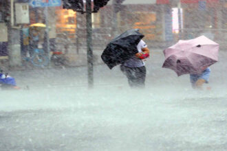 heavy rain on Xinsong Road in Shanghai