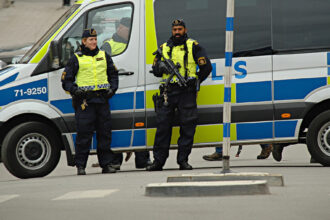 Police stand guard